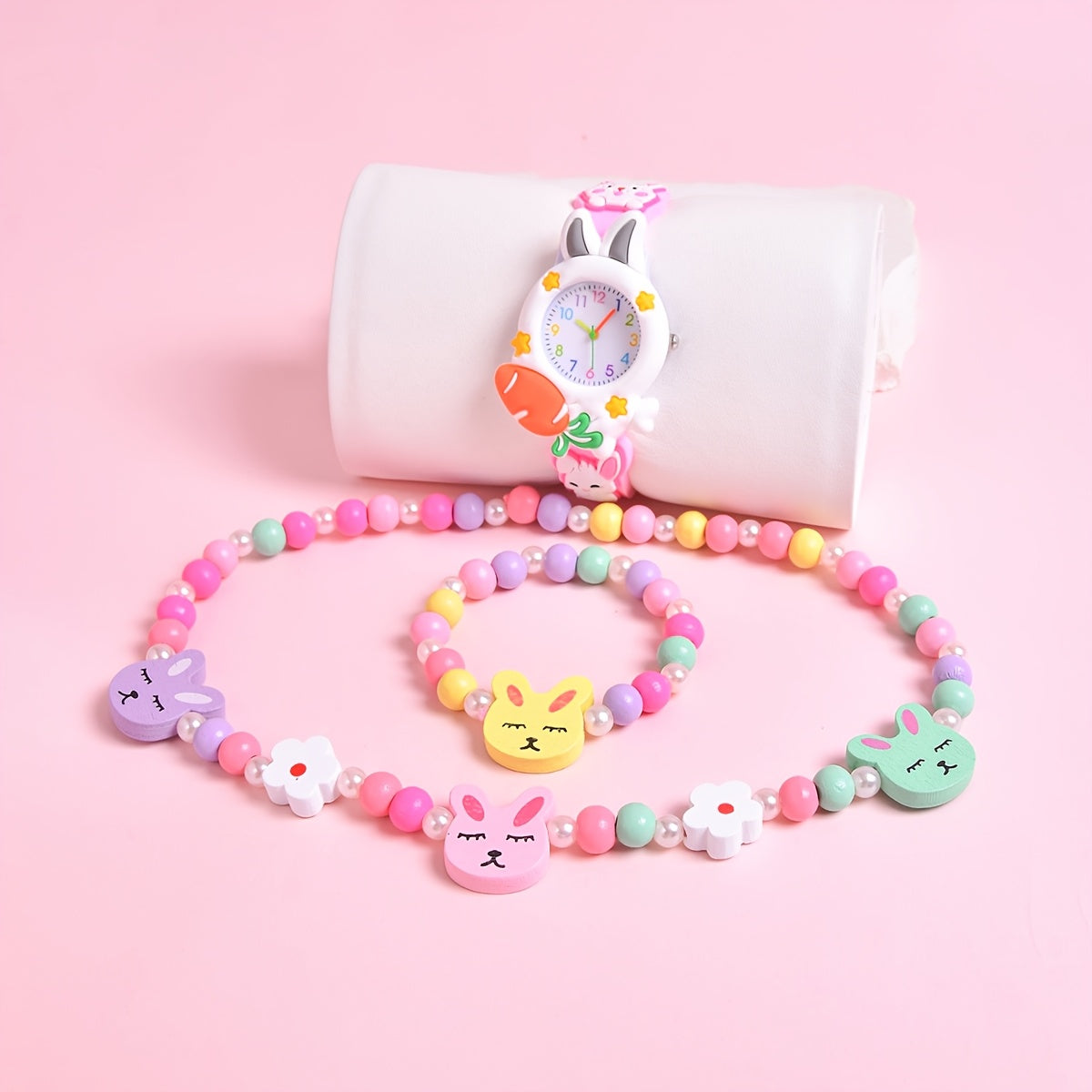 3D Rabbit Silicone Strap Girls' Cartoon Watch Set
