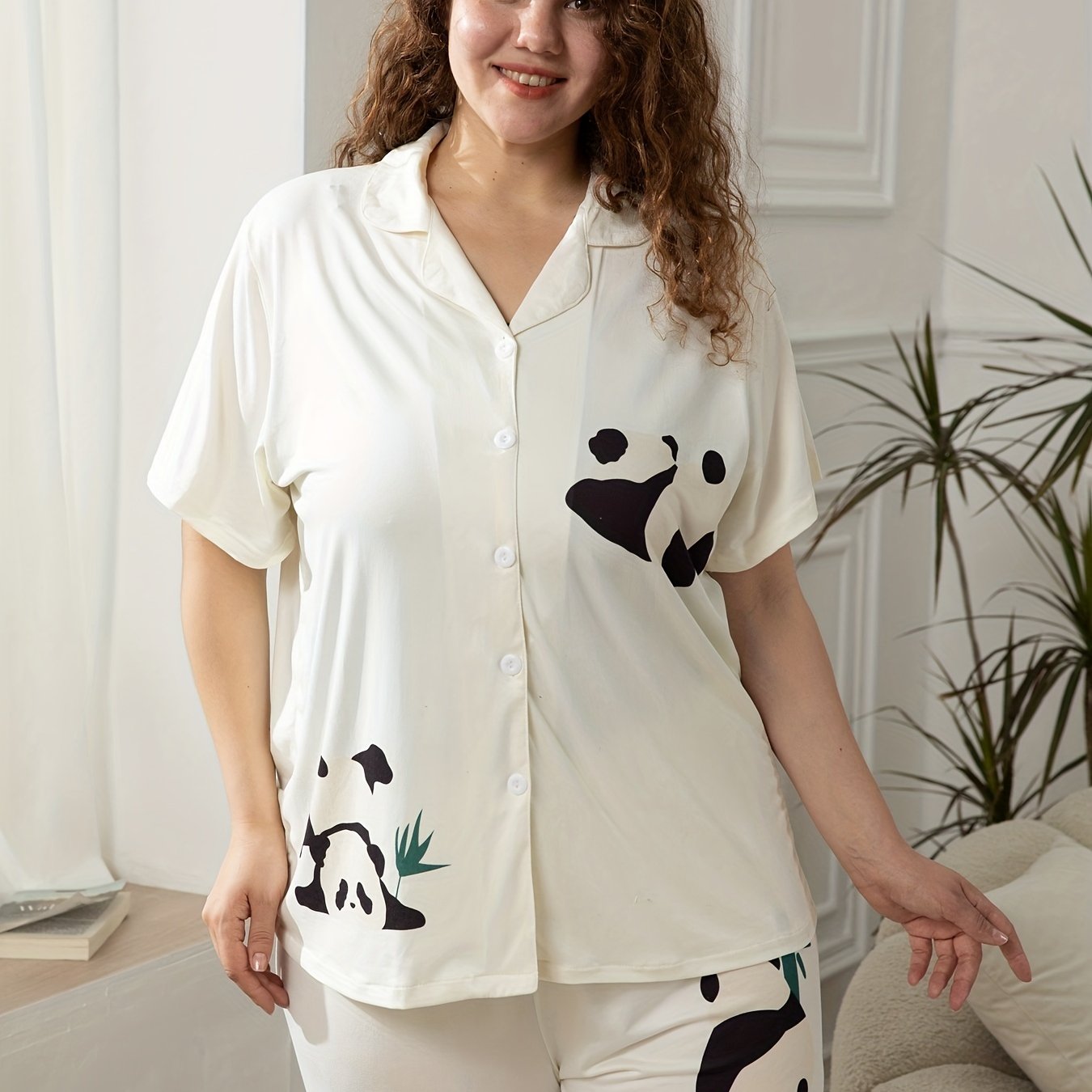 Plus Size Panda Print Short Sleeve Pajama Set - 2 Piece