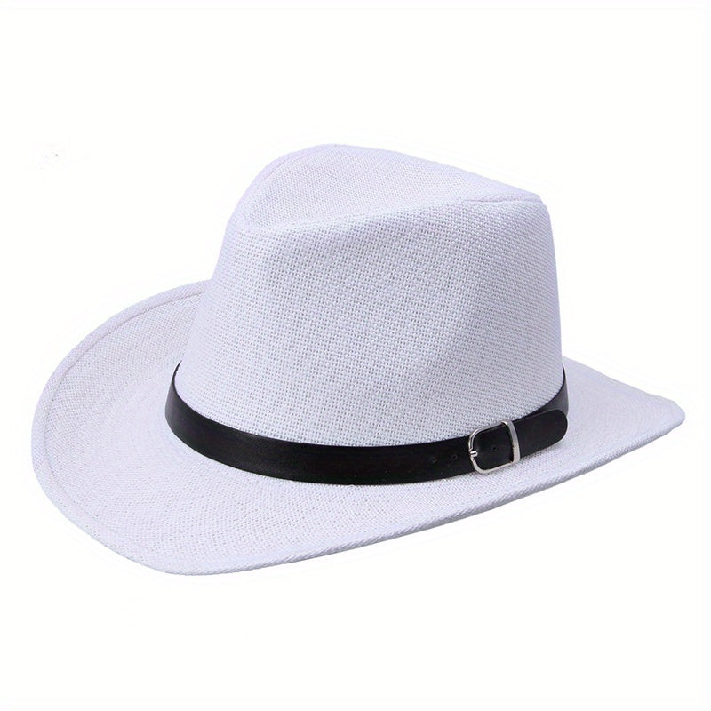 Western Cowboy Straw Fedora Belt Decor Wide Brim Sun Hat