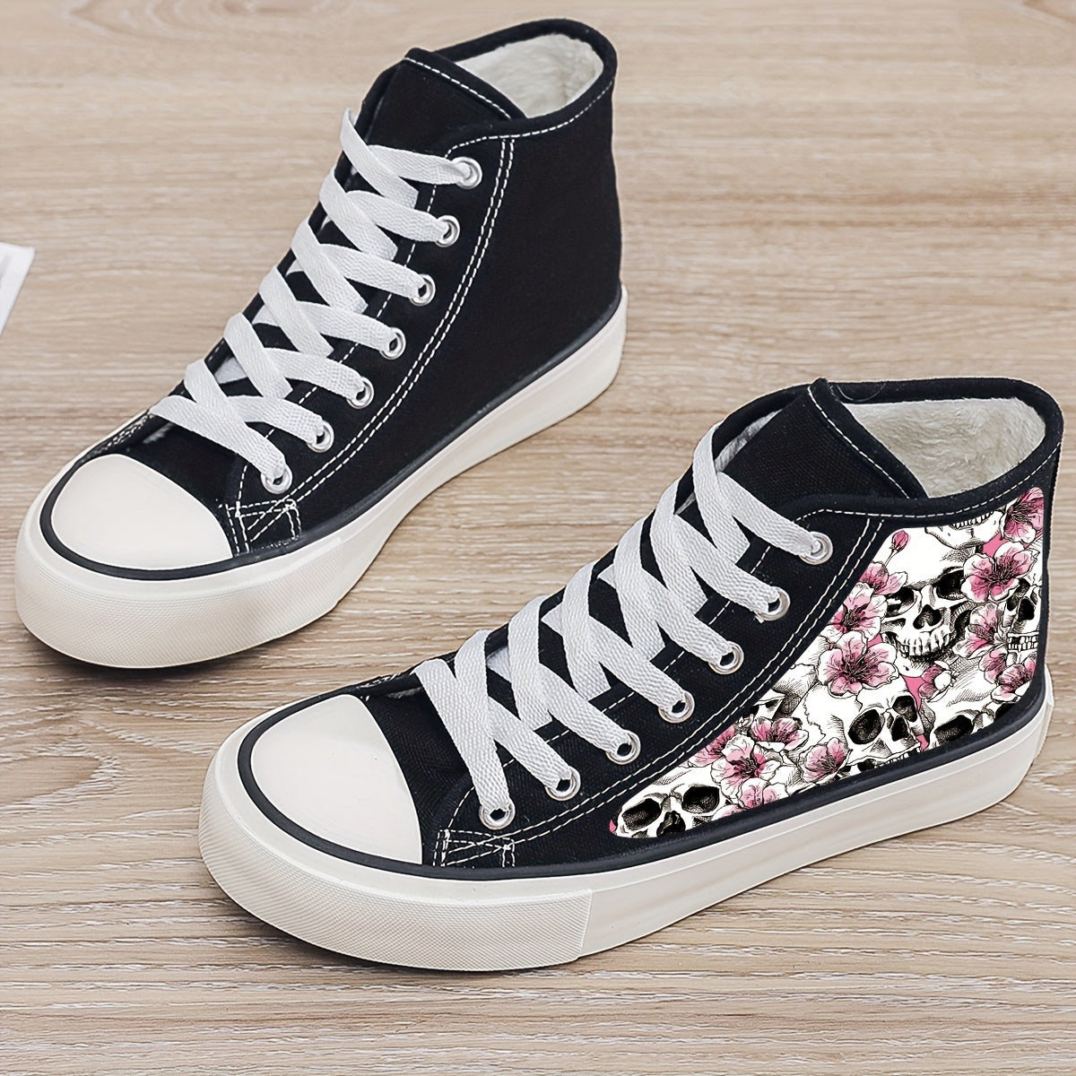 Skull & Flower Plush Lined Thermal Canvas Sneakers