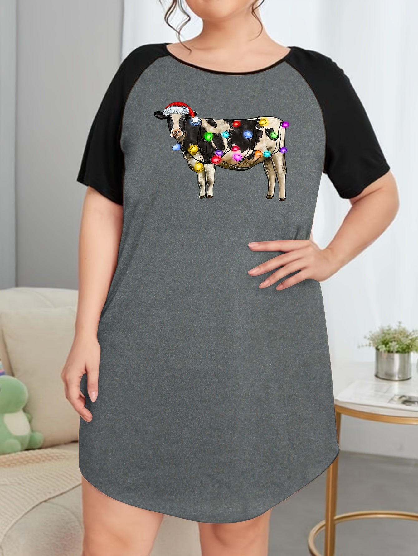 Christmas Nightdress String Lights & Cow Print Raglan Tee Sleep Dress