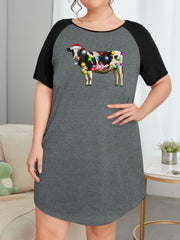 Christmas Nightdress String Lights & Cow Print Raglan Tee Sleep Dress