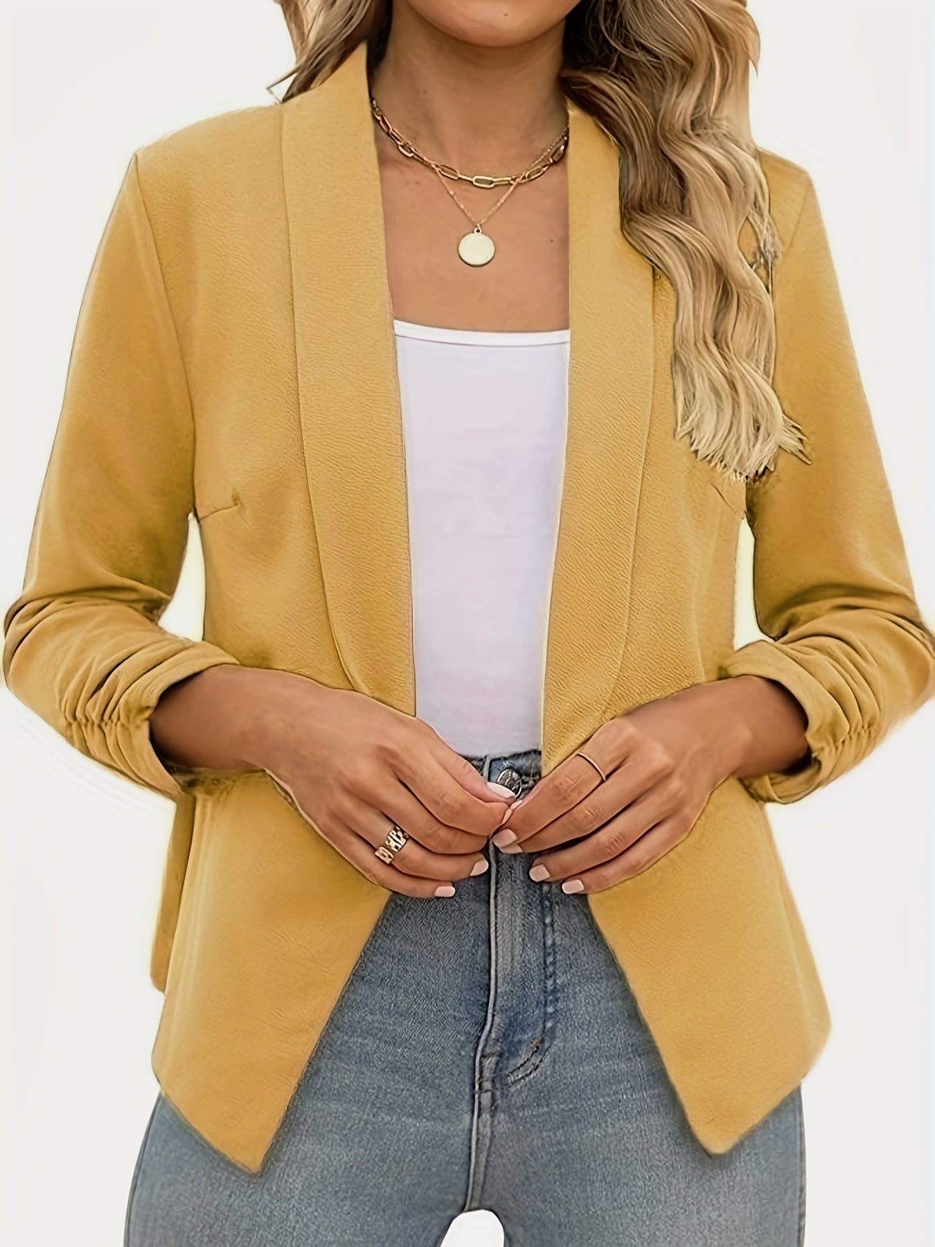 Ruched Solid Blazer Open Front Work Office Outerwear Women's Clothing