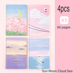 4pcs Painting Scenery A5 Coil Student Diary Stationery Notepad