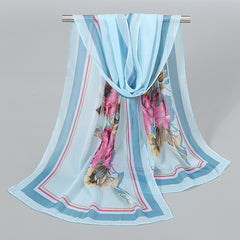 Flower Print Chiffon Scarf 150x04cm Elegant Sunscreen Silk Shawl