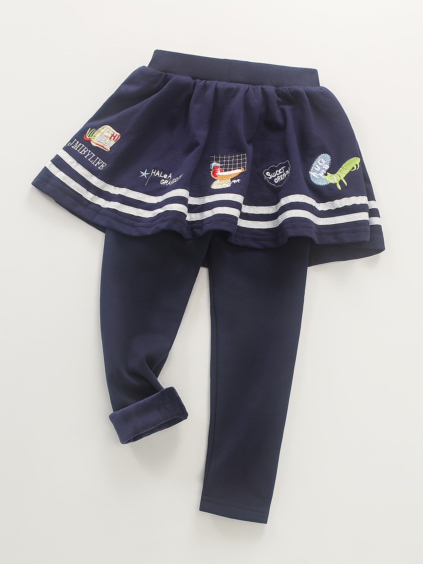 Girls Cartoon Embroidery Fleece Warm Leggings With Stripe Skirt