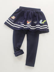 Girls Cartoon Embroidery Fleece Warm Leggings With Stripe Skirt