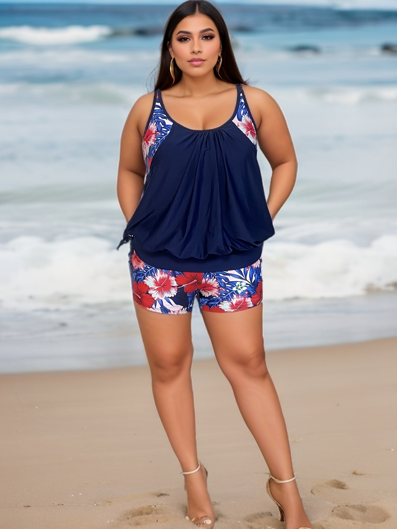 Tropical Print Lace Up Tankini Set