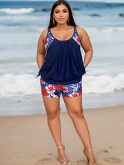 Tropical Print Lace Up Tankini Set