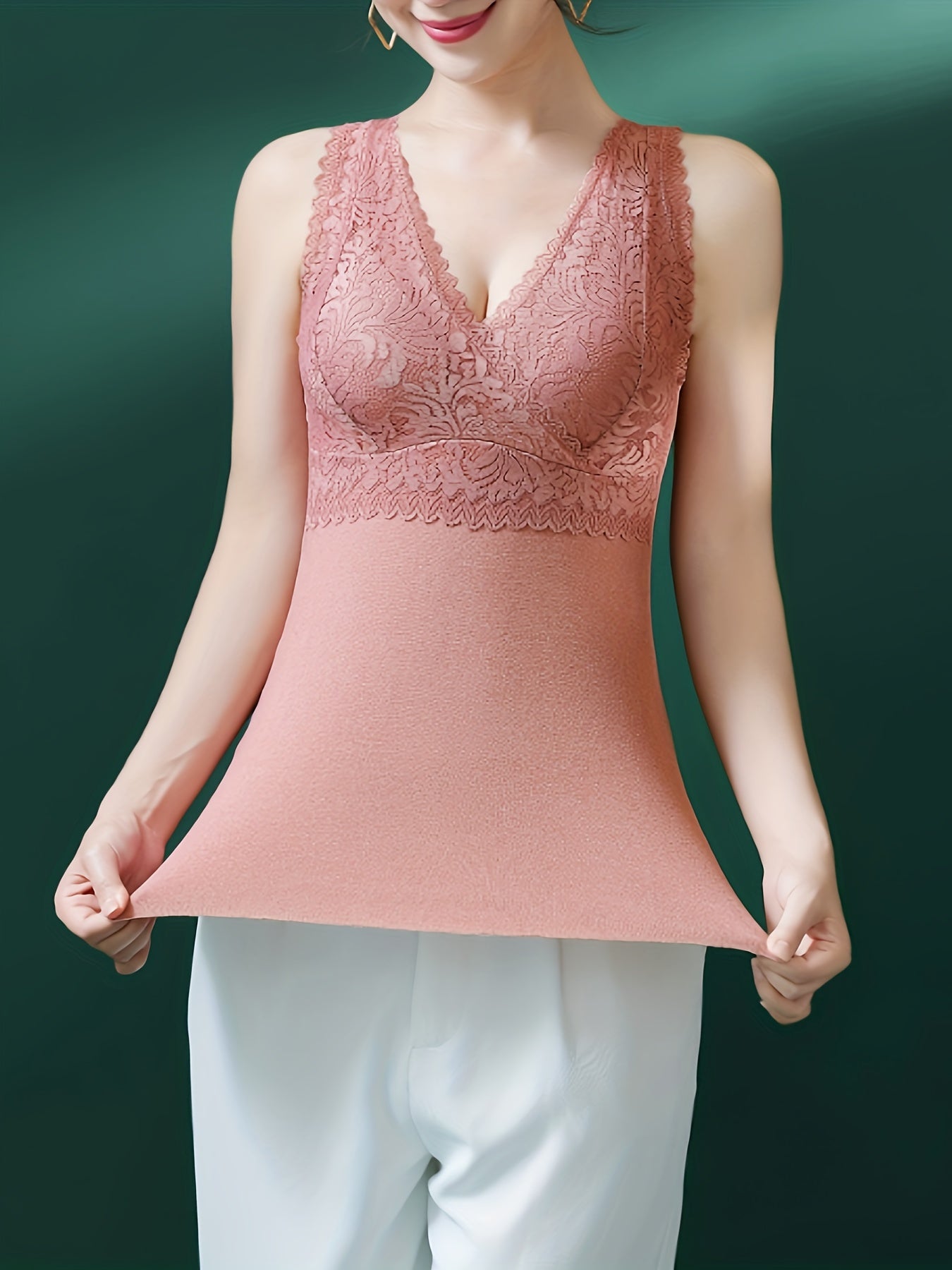 Contrast Lace Thermal V Neck Sleeveless Top Women's Lingerie