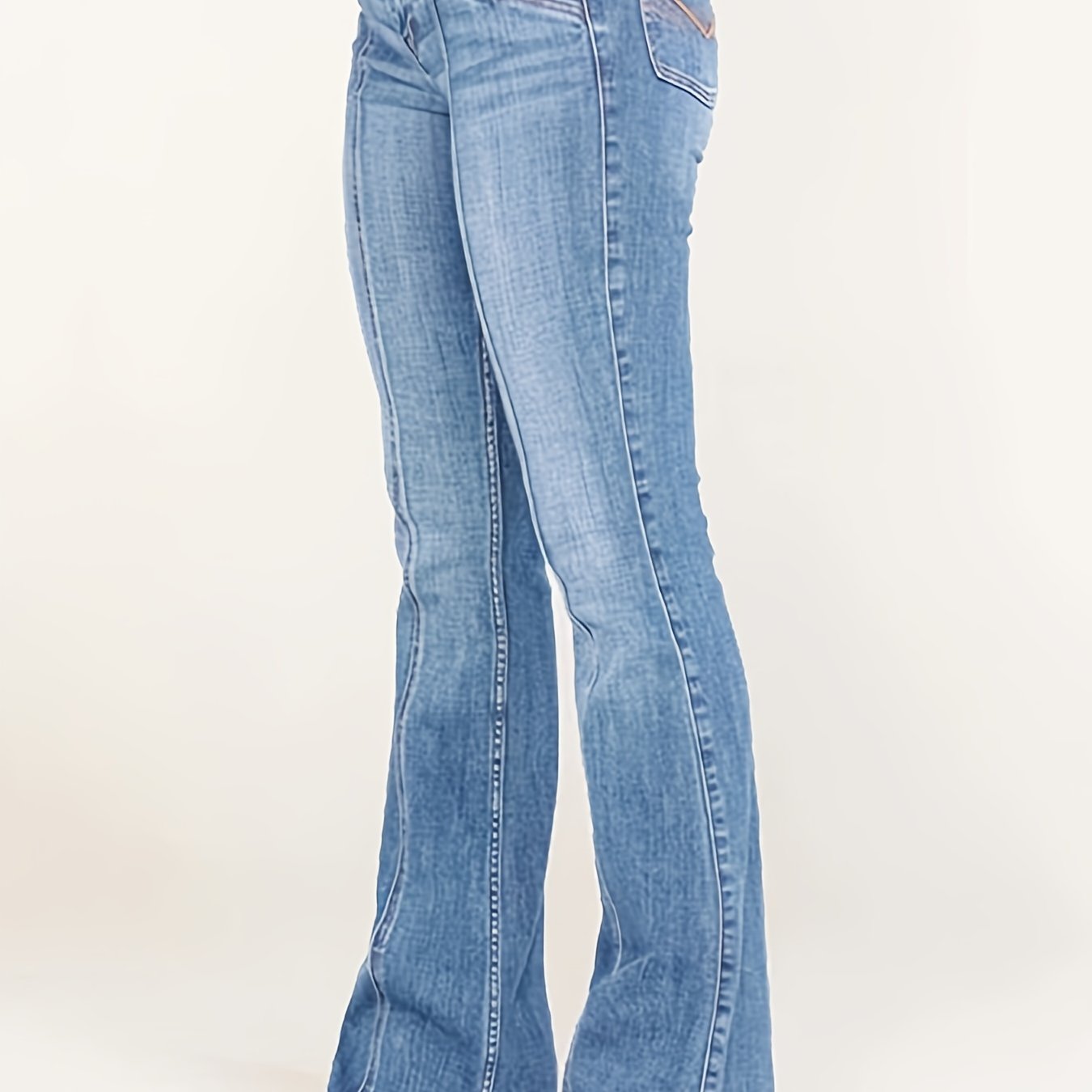 Mid Rise Flare Jeans Slash Pockets Bell Bottom Wide Leg Slim Fit Denim Pants