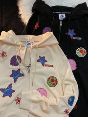 Cartoon Print Loose Thin Cardigan Zipper Sweatshirt
