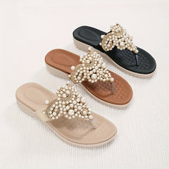 Women's Faux Pearl Thong Sandals Slip On Flip Flops
