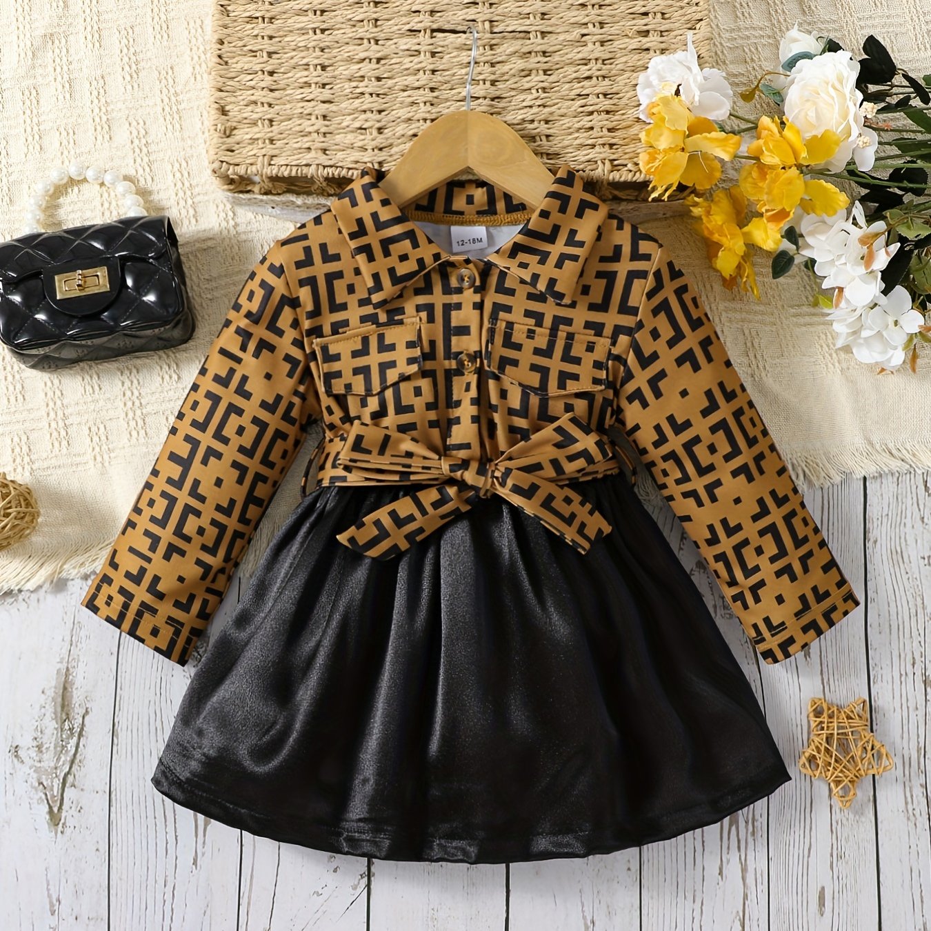 Girls Long Sleeve Pattern Print Contrast Dress With Bow Front