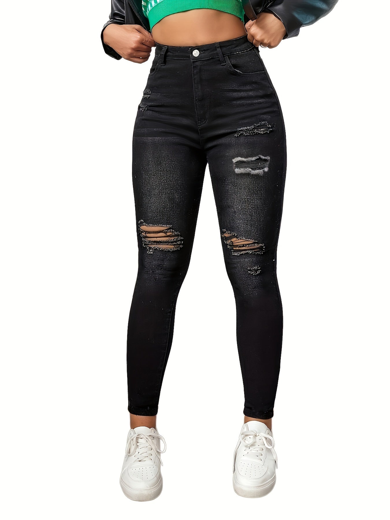 Ripped Skinny Jeans Slash Pockets Distressed High Waist Slim Fit