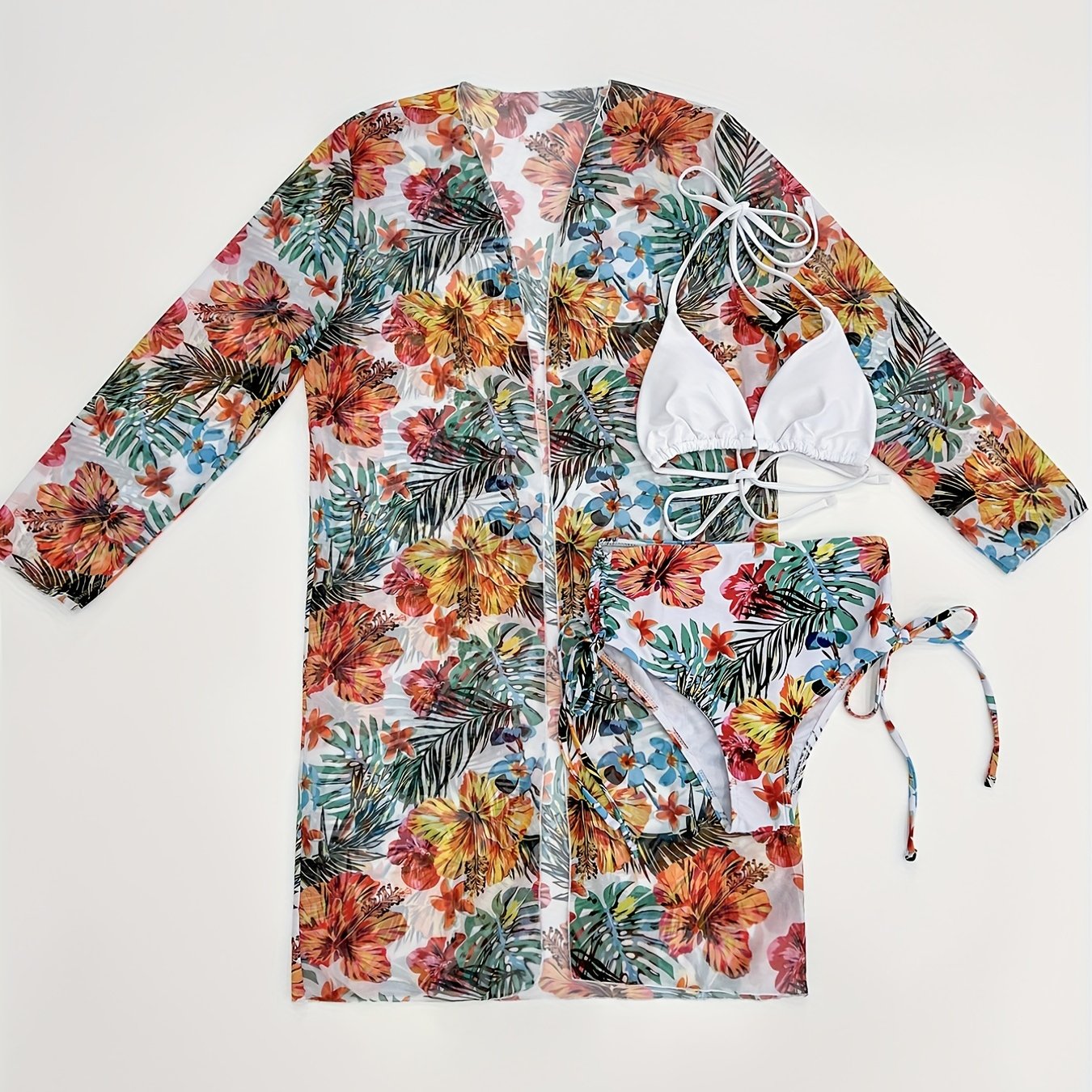 Floral Print Bikini Set Halter High Waist Swimsuit Kimono Cover Up