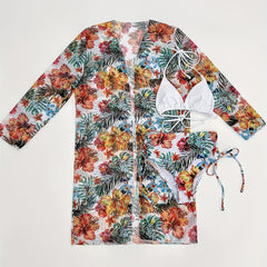 Floral Print Bikini Set Halter High Waist Swimsuit Kimono Cover Up