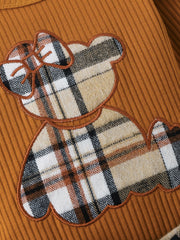 Toddler Bear Embroidered Romper Plaid Skirt Headwear Outfit