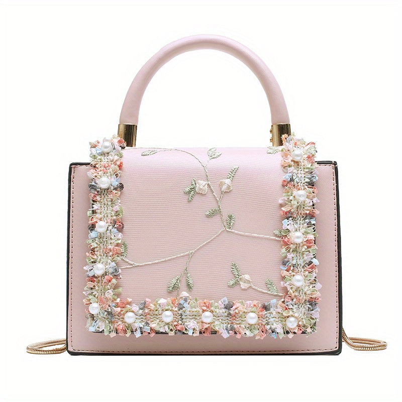 Floral Embroidery Handbags Faux Pearl Decor Crossbody Bag Sweet Purses