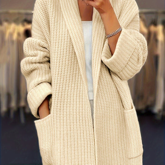Solid Open Front Sweater Cardigan With Pockets