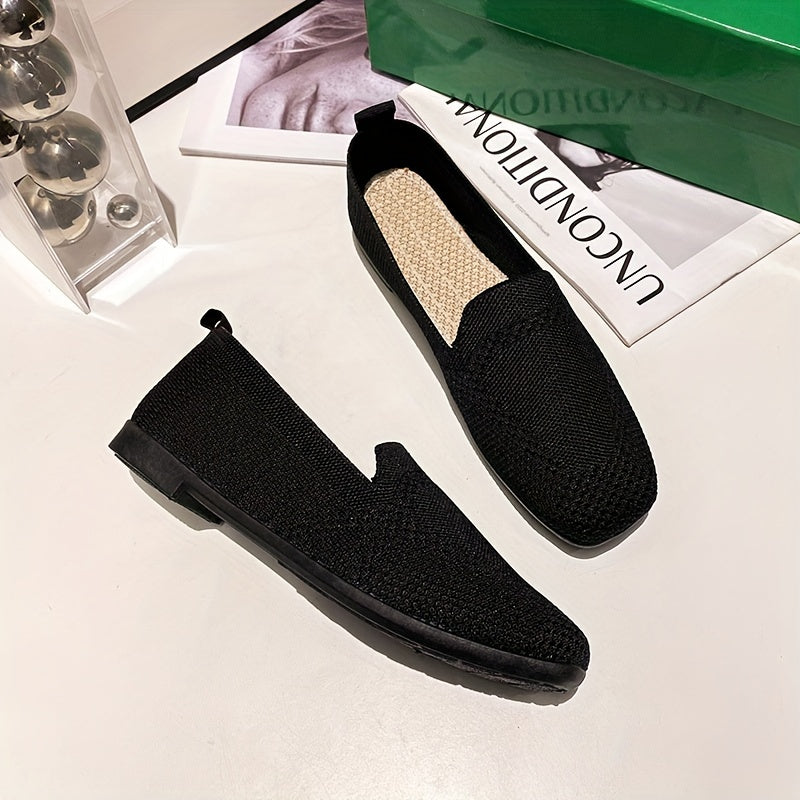 Women's Flying Woven Flat Shoes Square Toe Slip On Lightweight Walking Shoes
