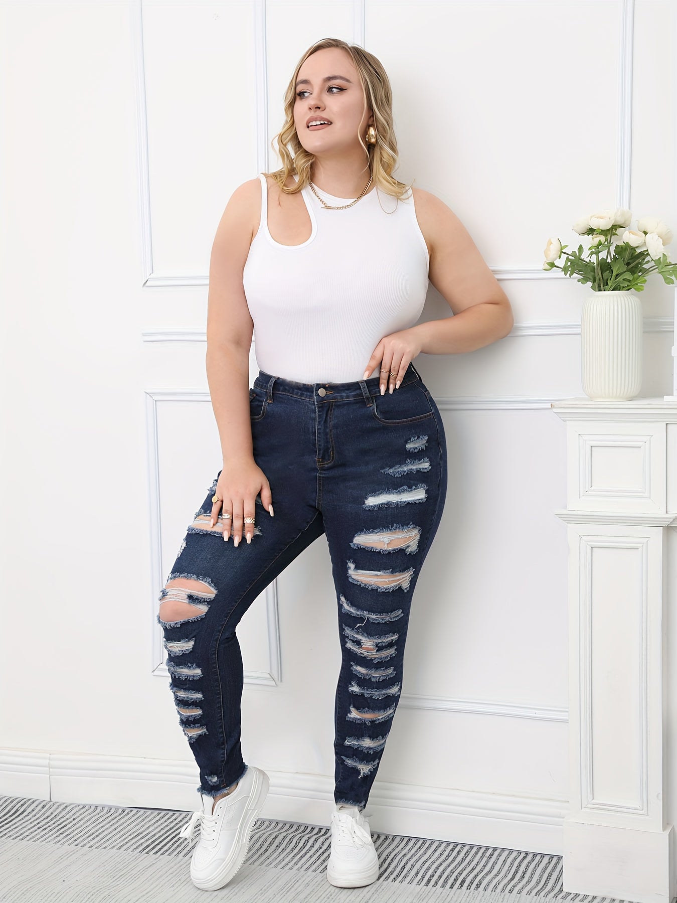 Women's Plus Button Fly Distressed High Skinny Jeans