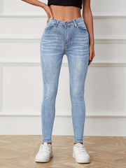 High Rise Water Ripple Skinny Jeans High Waist Zipper Button Closure