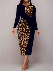 Colorblock Leopard Print Cut Out Long Sleeve Midi Dress
