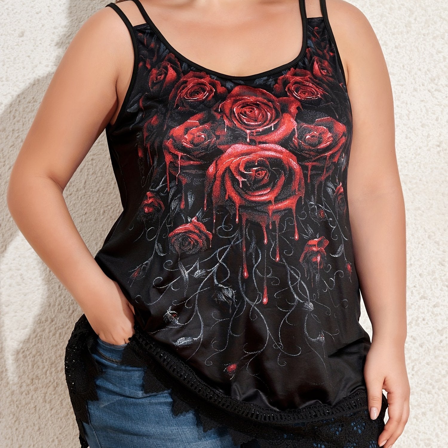 Goth Tank Top Women's Plus Rose Print Contrast Lace Trim Split Strap