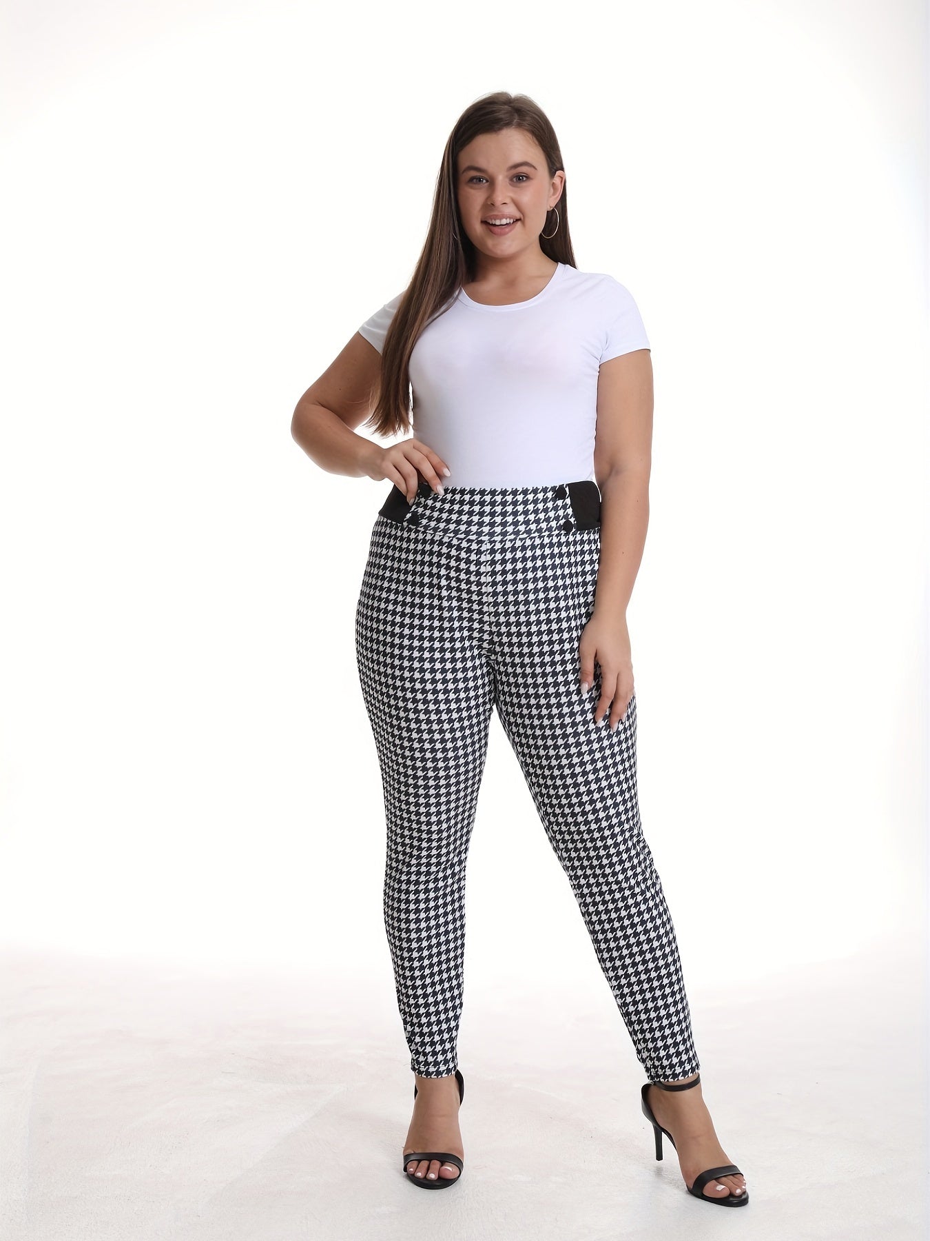 Houndstooth Pattern Double Breasted Skinny Pants - Plus Size