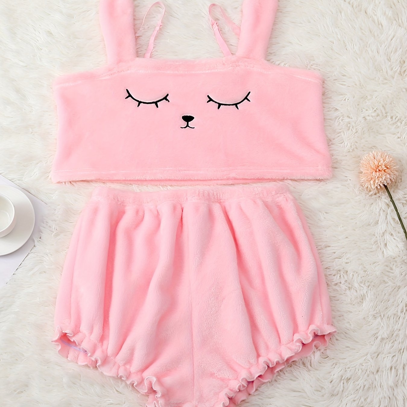Cartoon Embroidery Pajama Set Plush Tank Top & Shorts
