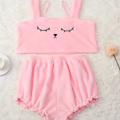 Cartoon Embroidery Pajama Set Plush Tank Top & Shorts