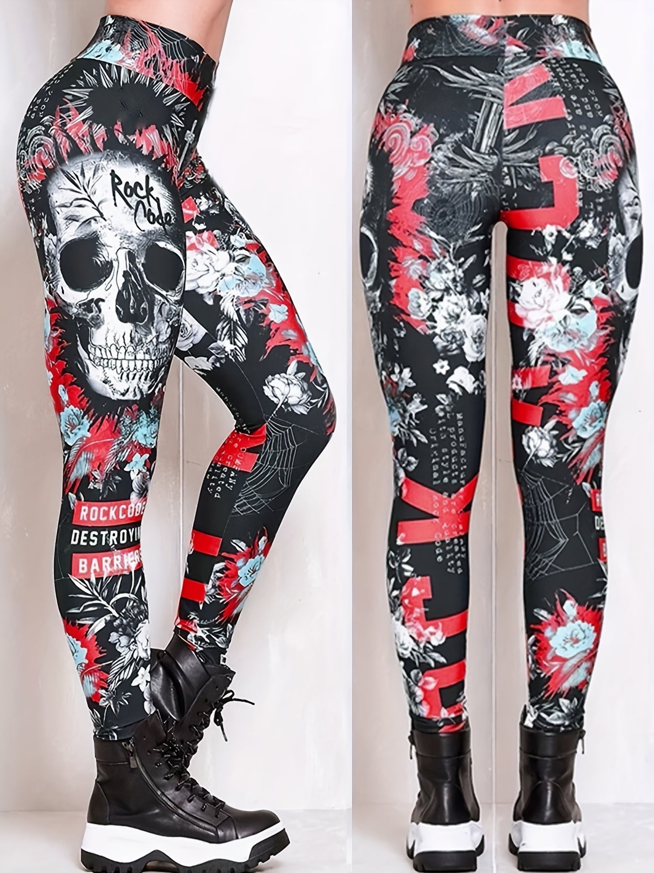 Skull and Flower Printed Leggings for Women