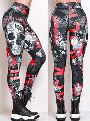 Skull and Flower Printed Leggings for Women