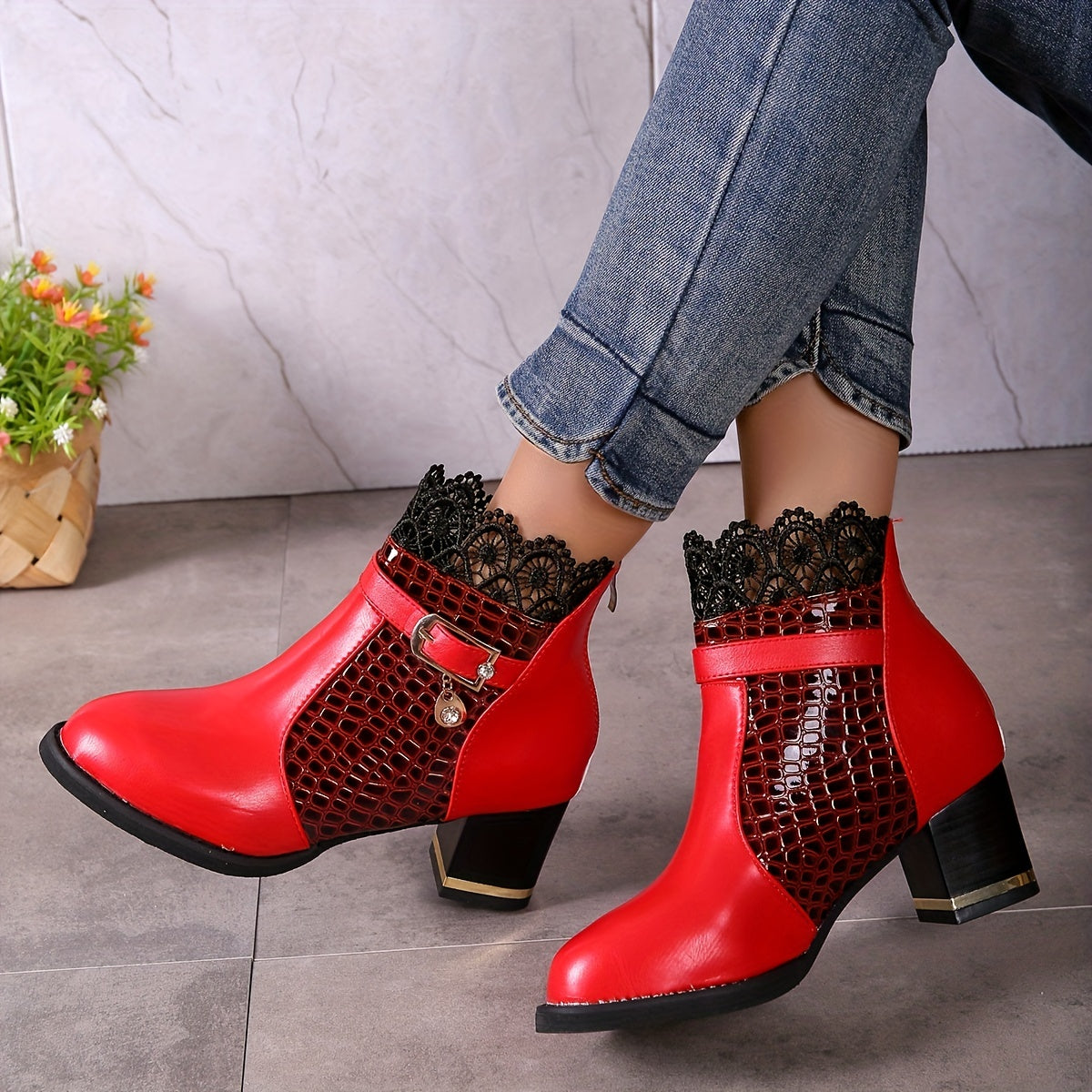 Lace Heeled Ankle Boots Crocodile Print Buckle Strap Chunky Heels