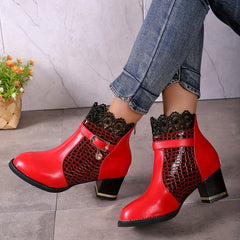 Lace Heeled Ankle Boots Crocodile Print Buckle Strap Chunky Heels