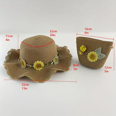 Girls' Beach Princess Straw Sun Hat with Flowers and Bag