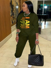 Letter Print Long Sleeve Top & Drawstring Solid Joggers Set