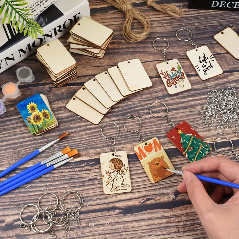 80PCS Rectangle Wood Blanks Keychain Set DIY Christmas Decor