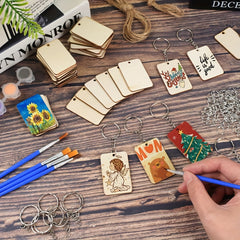 80PCS Rectangle Wood Blanks Keychain Set DIY Christmas Decor