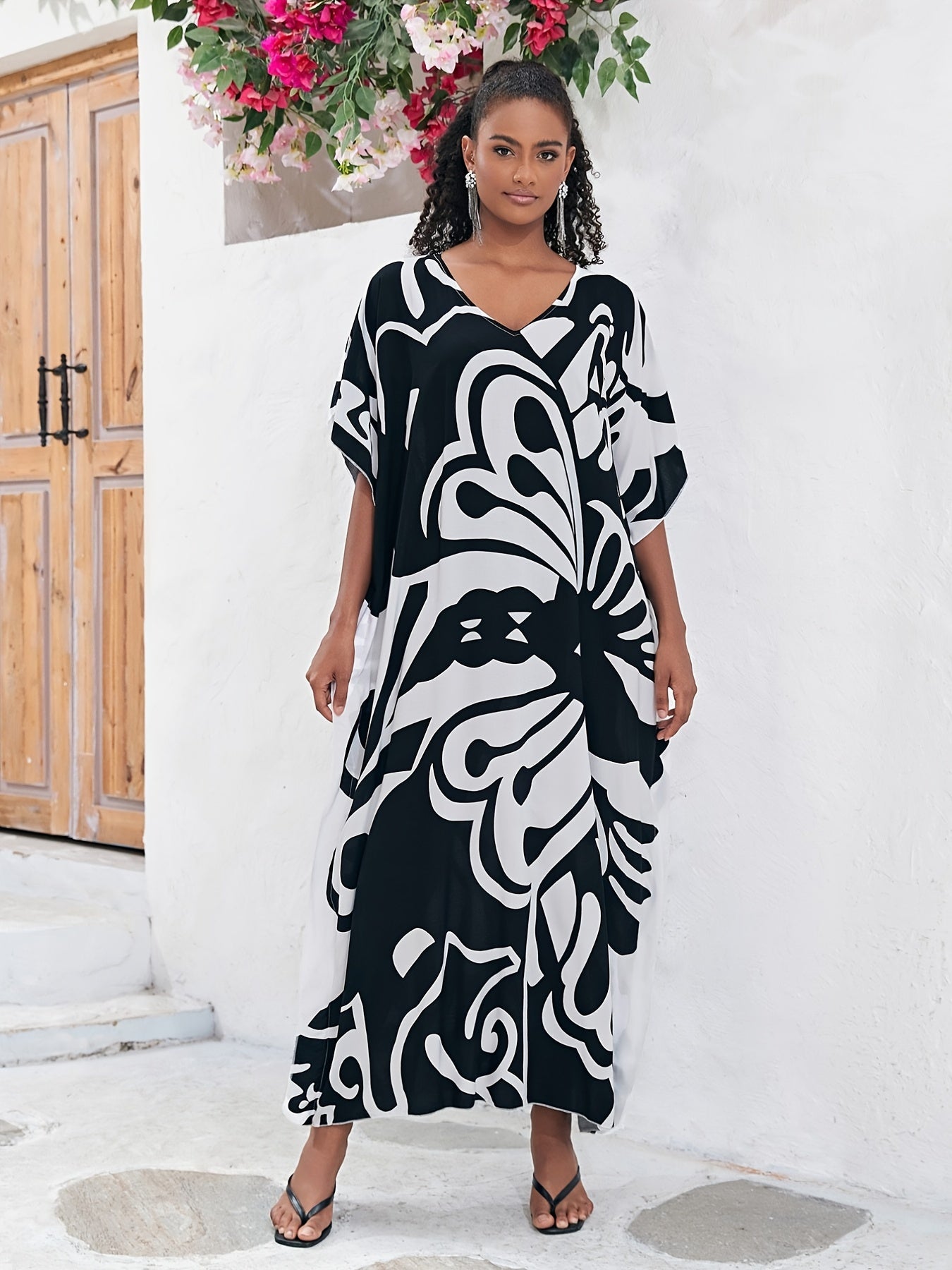 Plus Size Boho Kaftan Dress Women's Plus Butterfly Print V Neck Beachwear Maxi