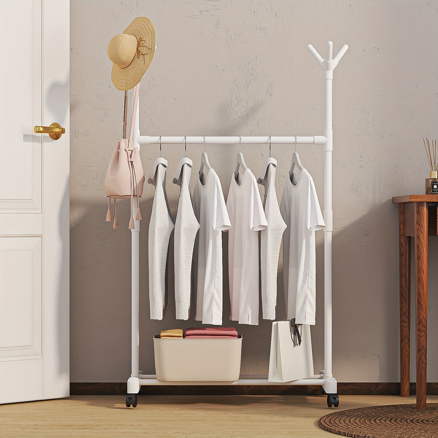 Double Pole Coat Rack With Pulley 2 Layer Clothes Rack Standing Coat Rack