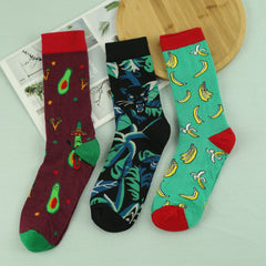 Men's Cartoon Crew Socks, 3 Pairs, Comfy Street Style, All Seasons