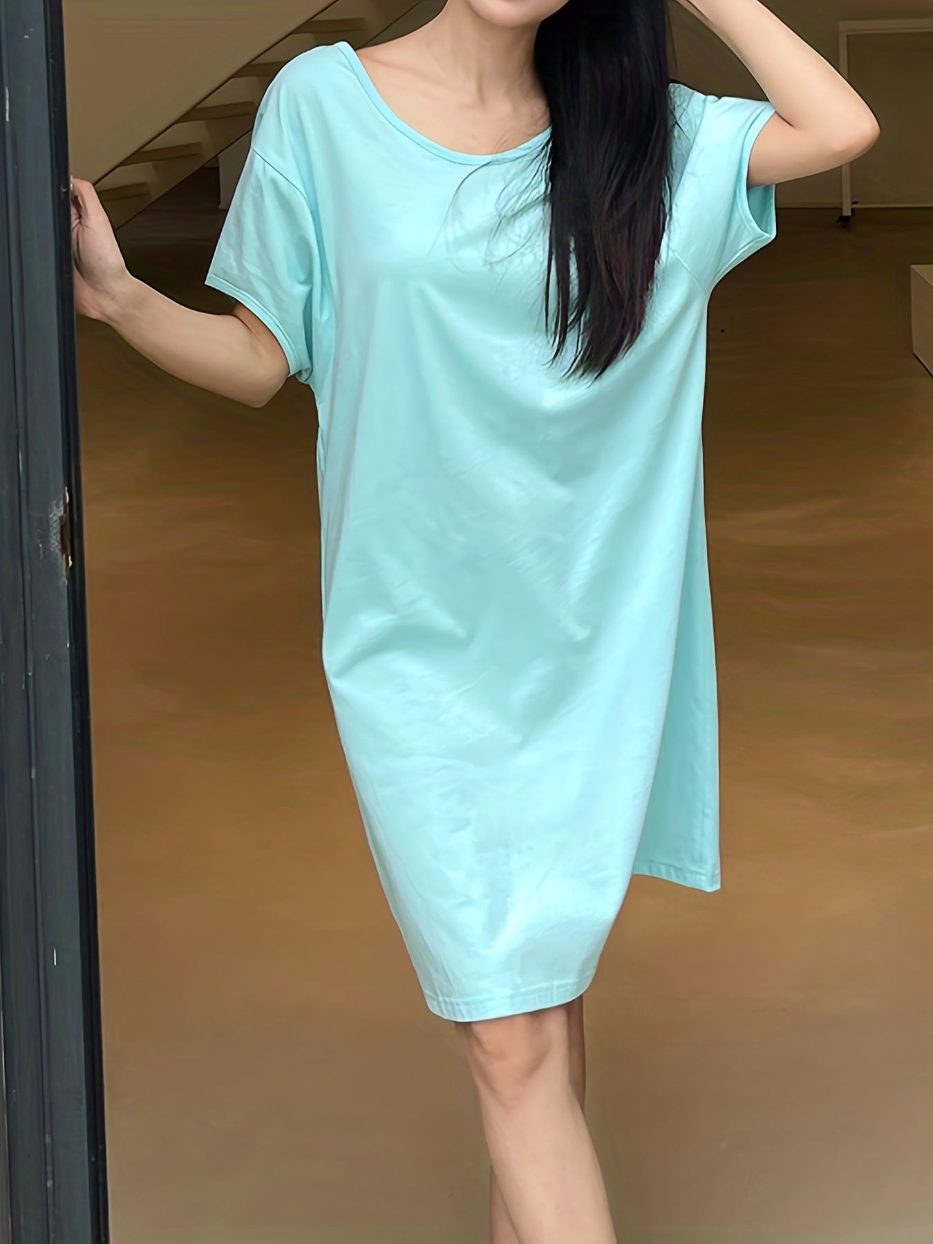Cut Out Short Sleeve NightDress Crew Neck Pajama Dress
