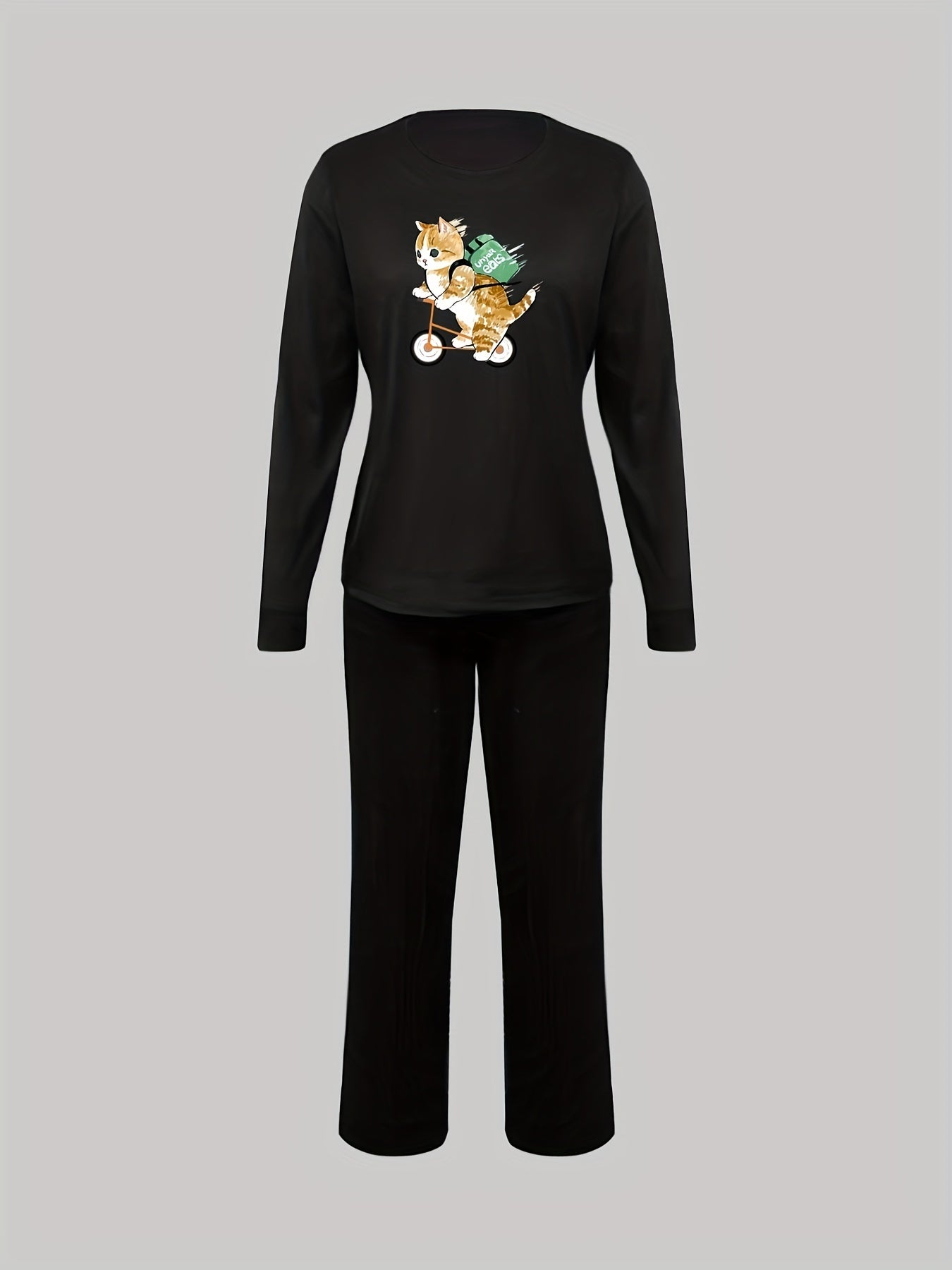 Cat Print Lounge Set Long Sleeve Crew Neck Top & Pants