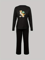 Cat Print Lounge Set Long Sleeve Crew Neck Top & Pants