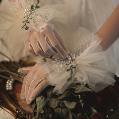 Lace Transparent Gloves Faux Pearl Green Leaves Decorative Wedding Bridal Gloves