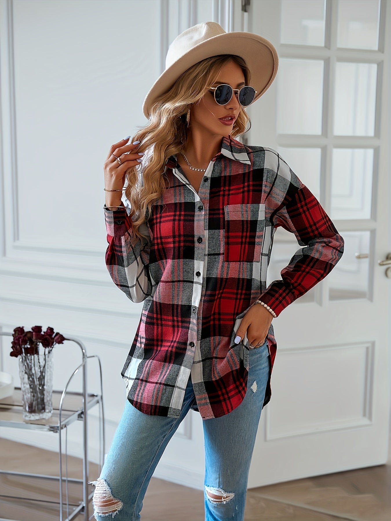 Plaid Print Long Sleeve Button Up Tunic Shirt Top