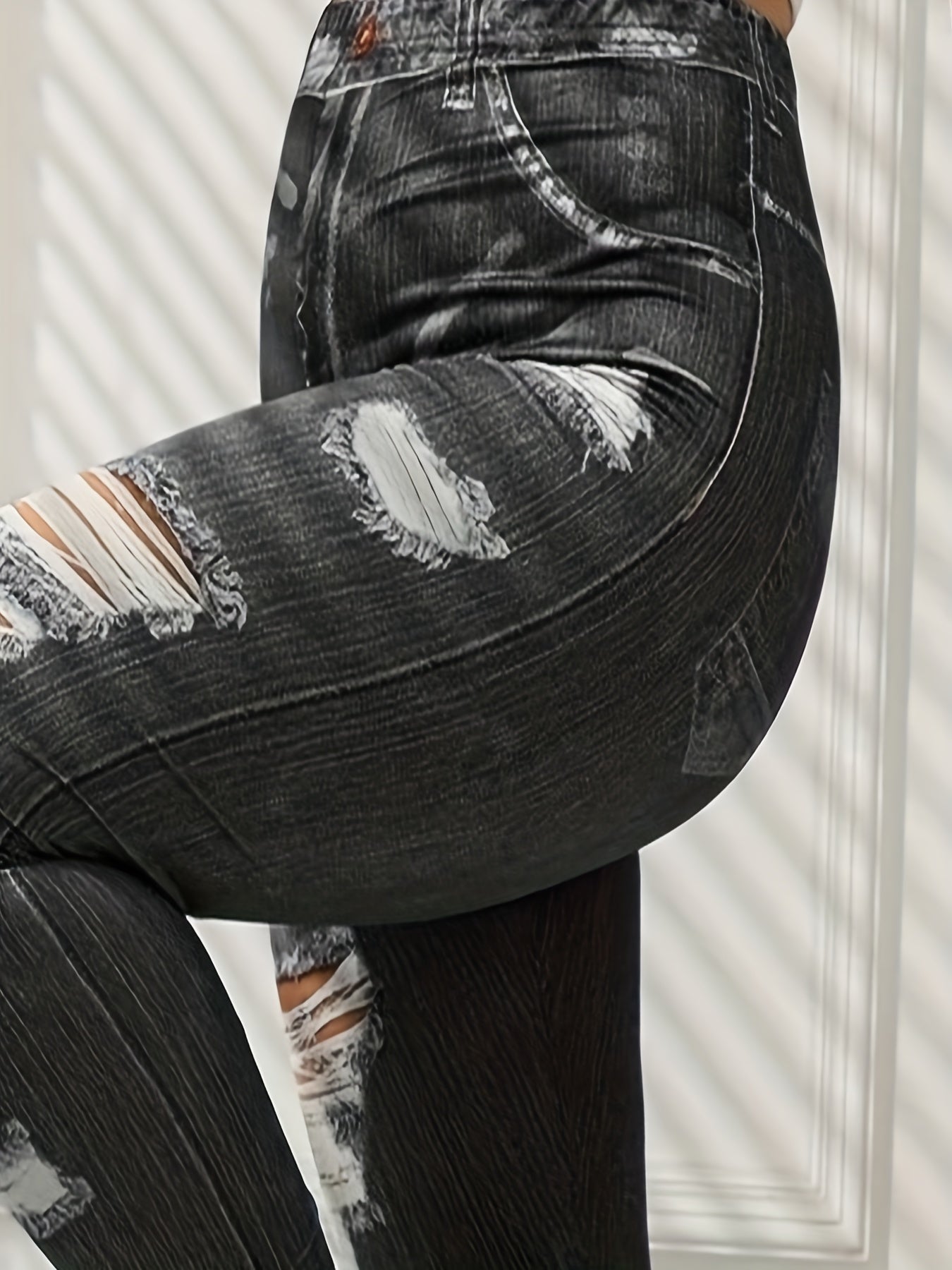 Denim Print Ripped Skinny Leggings Casual Stretchy Women's Clothing