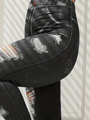 Denim Print Ripped Skinny Leggings Casual Stretchy Women's Clothing